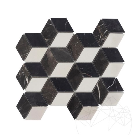 Mosaïque de marbre poli Bianco Carrara, Cleopatra, Nero Marquina Mix Cube Design