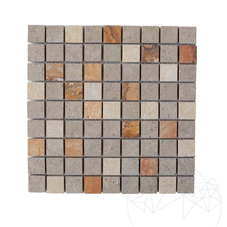 (Perzik Travertijn/Astoria Kalksteen/Crema Royal Marmer) Geborsteld Mozaïek Mix, 3 x 3 cm