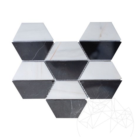 Zwart-wit gepolijst marmer zeshoekig mozaïek, 20,2 x 28,6 cm